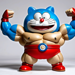 **

Prompt: A hyper-muscular Doraemon flexing comically, wearing his usual bell. Over-the-top bodybuilding pose. Humorous.

**
