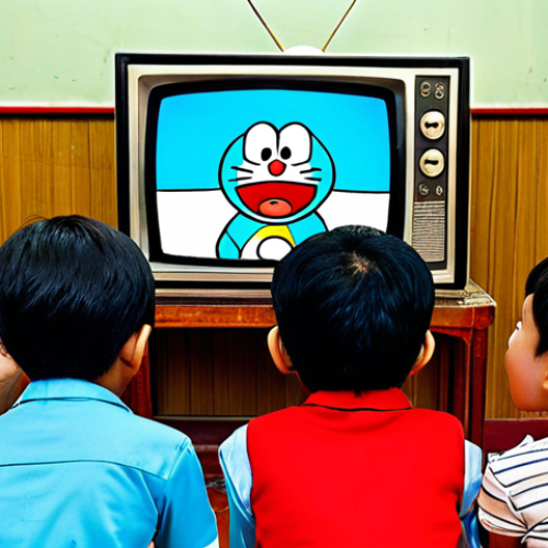 **

A group of excited Vietnamese children gathered around an old TV set, eyes glued to the screen as they watch a dubbed episode of Doraemon, showcasing the popularity of the show in Vietnam.

**