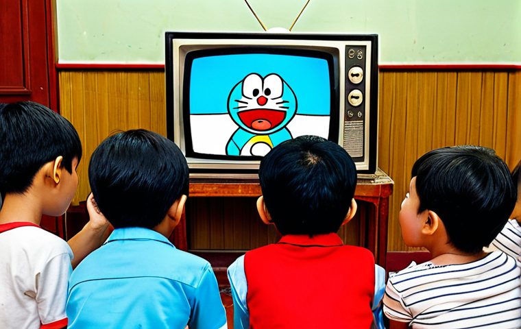 **
A group of excited Vietnamese children gathered around an old TV set, eyes glued to the screen as they watch a dubbed episode of Doraemon, showcasing the popularity of the show in Vietnam.
**