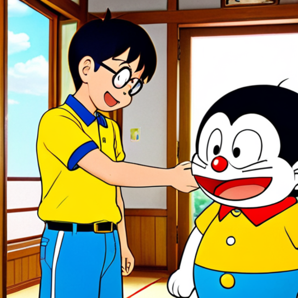 An iconic scene featuring Doraemon and Nobita, sharing a moment of friendship in Nobita's cozy, traditional Japanese-style room. Doraemon, with his cheerful expression and bell, is shown pulling a common gadget from his four-dimensional pocket. Nobita, wearing his characteristic yellow polo shirt and blue shorts, looks on with a hopeful, curious expression. The room includes simple, clean furniture and a window showing a bright, sunny day outside. The art style is a vibrant, family-friendly cartoon illustration.
    *   **Quality Modifiers:** Perfect anatomy, natural pose, well-formed hands, correct proportions, high-quality illustration, vivid colors, bright lighting, soft shadows, sharp focus.
    *   **Safety Modifiers:** Safe for work, appropriate content, fully clothed, modest clothing, family-friendly.