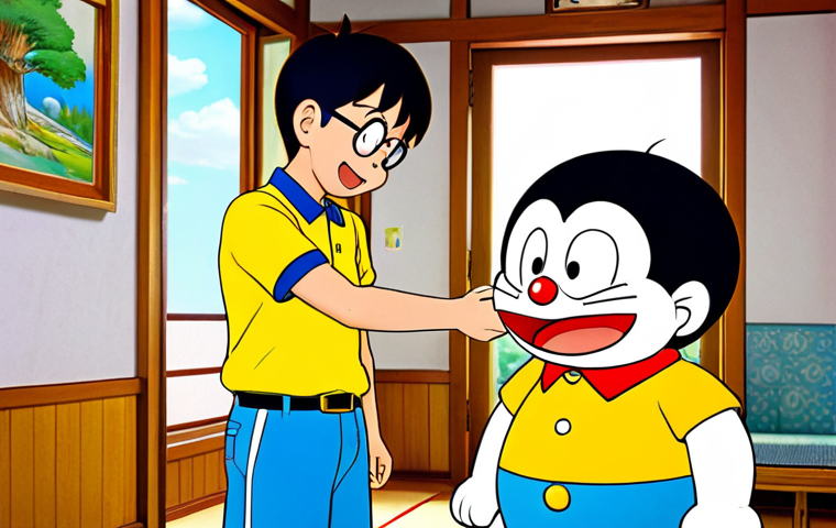 An iconic scene featuring Doraemon and Nobita, sharing a moment of friendship in Nobita's cozy, traditional Japanese-style room. Doraemon, with his cheerful expression and bell, is shown pulling a common gadget from his four-dimensional pocket. Nobita, wearing his characteristic yellow polo shirt and blue shorts, looks on with a hopeful, curious expression. The room includes simple, clean furniture and a window showing a bright, sunny day outside. The art style is a vibrant, family-friendly cartoon illustration.
* **Quality Modifiers:** Perfect anatomy, natural pose, well-formed hands, correct proportions, high-quality illustration, vivid colors, bright lighting, soft shadows, sharp focus.
* **Safety Modifiers:** Safe for work, appropriate content, fully clothed, modest clothing, family-friendly.