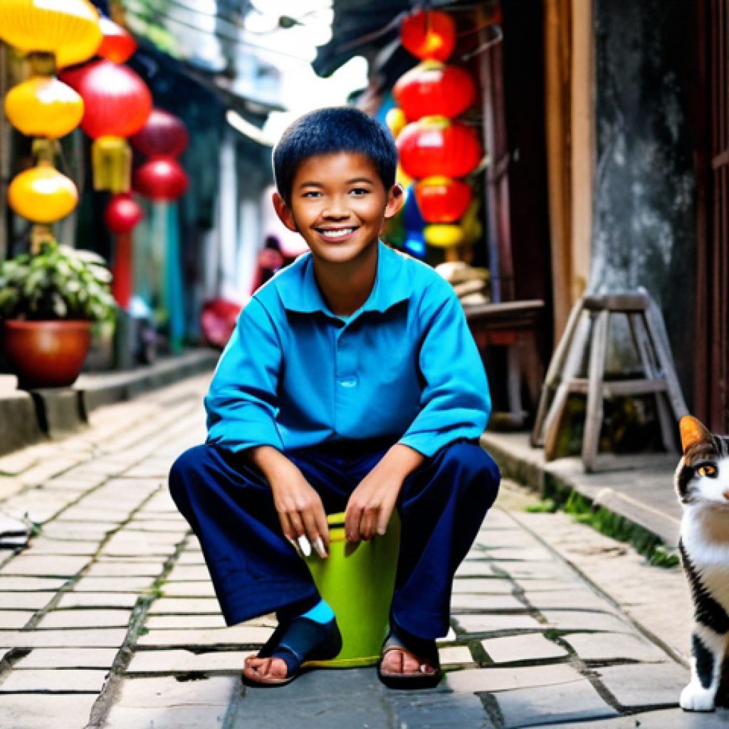 도라에몽과 진구의 우정 - Friendship in a Vietnamese Alley**

"A young Vietnamese boy, around 10 years old, wearing a traditio...