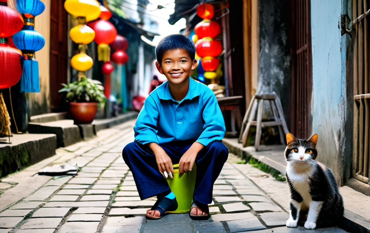 도라에몽과 진구의 우정 - Friendship in a Vietnamese Alley**
"A young Vietnamese boy, around 10 years old, wearing a traditio...
