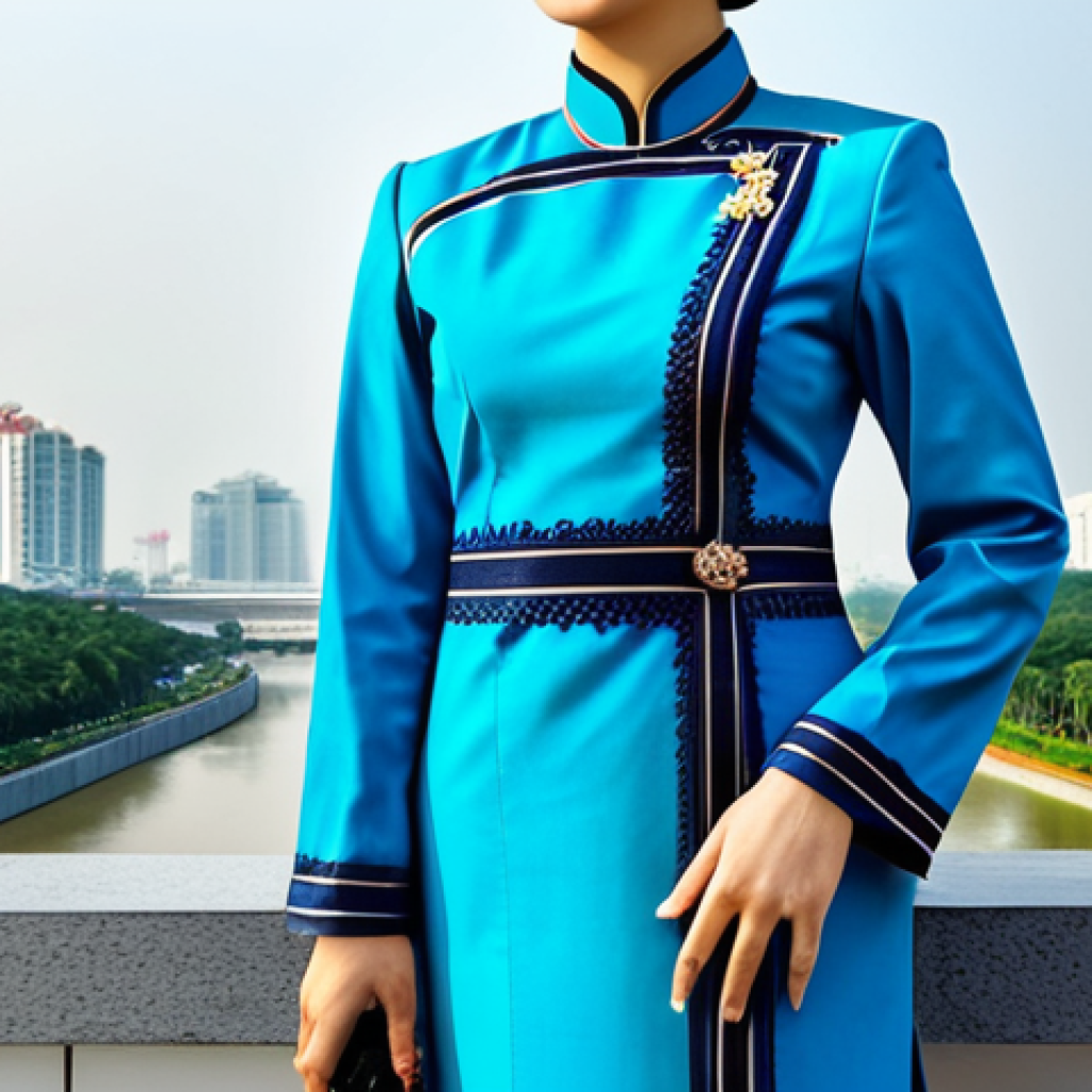 도라에몽 관련 퀴즈 문제 - "A professional businesswoman in a **fully clothed**, modest ao dai, standing in front of the Landma...