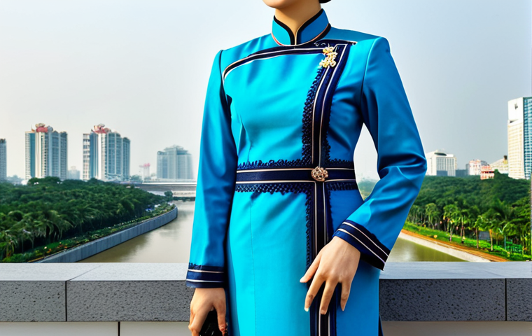도라에몽 관련 퀴즈 문제 - "A professional businesswoman in a **fully clothed**, modest ao dai, standing in front of the Landma...