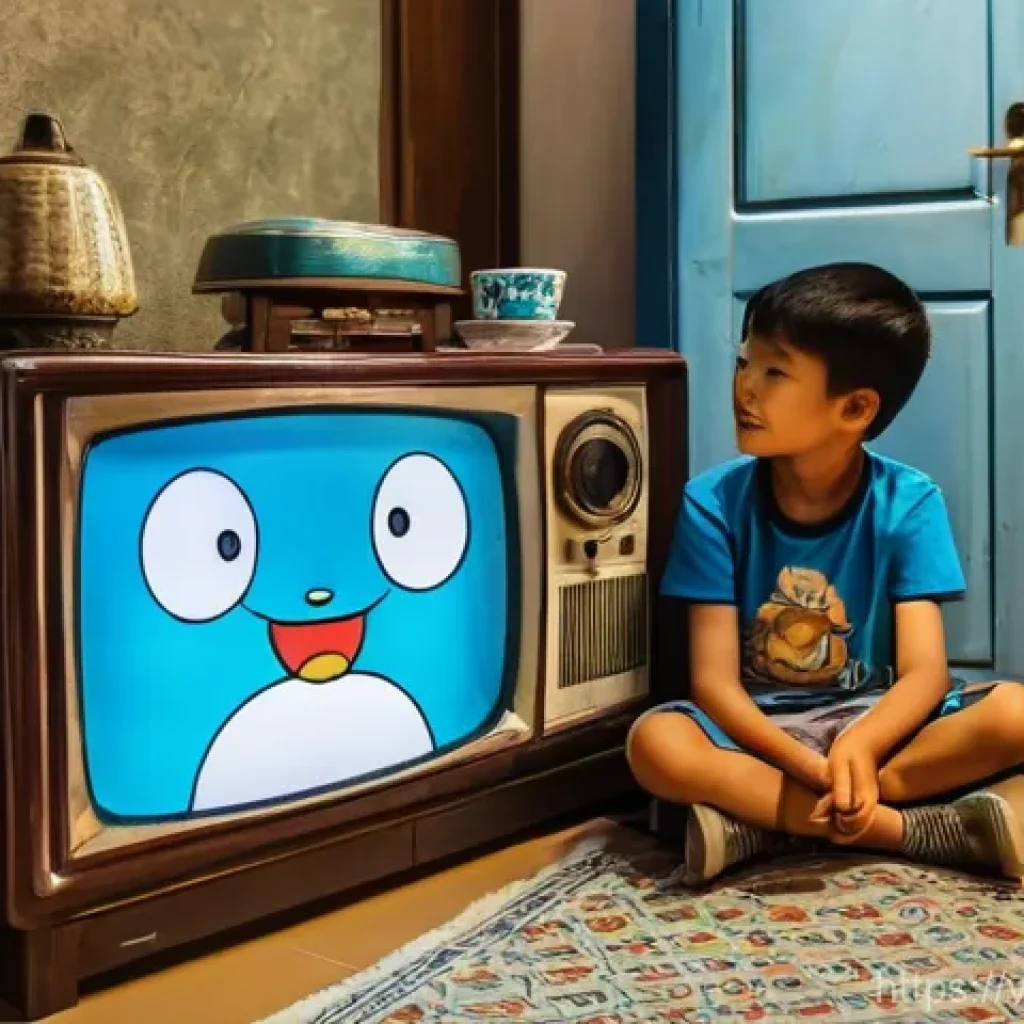 도라에몽의 인기 비결 - **"A nostalgic scene of Vietnamese children, aged 8-12, gathered closely around an old CRT televisio...