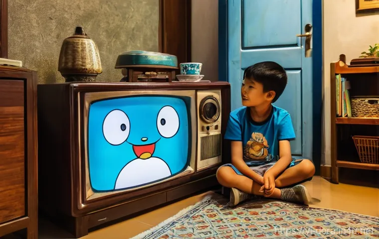 도라에몽의 인기 비결 - **"A nostalgic scene of Vietnamese children, aged 8-12, gathered closely around an old CRT televisio...