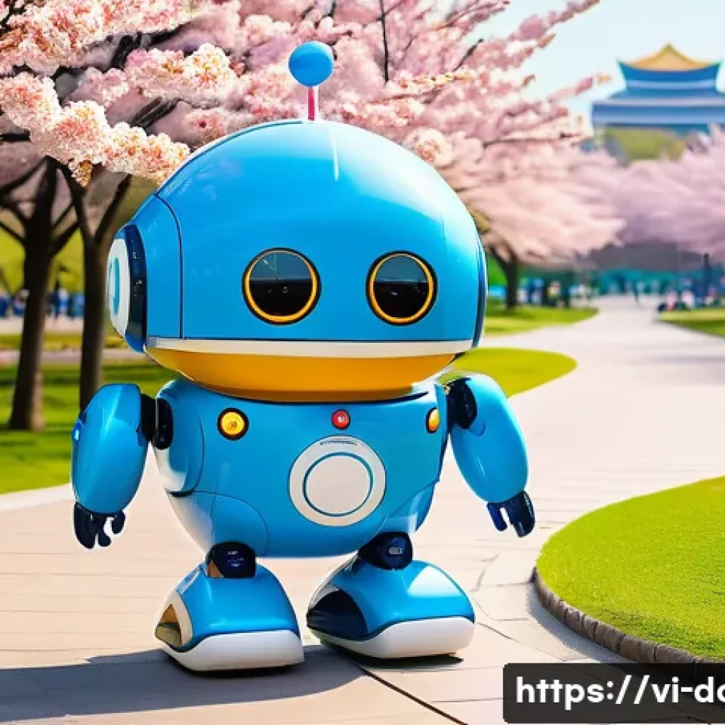 도라에몽과 다른 로봇 캐릭터 비교 - A friendly, round-shaped blue robot inspired by Doraemon, featuring a smooth, glossy surface and a l...