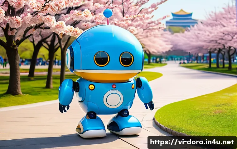 도라에몽과 다른 로봇 캐릭터 비교 - A friendly, round-shaped blue robot inspired by Doraemon, featuring a smooth, glossy surface and a l...