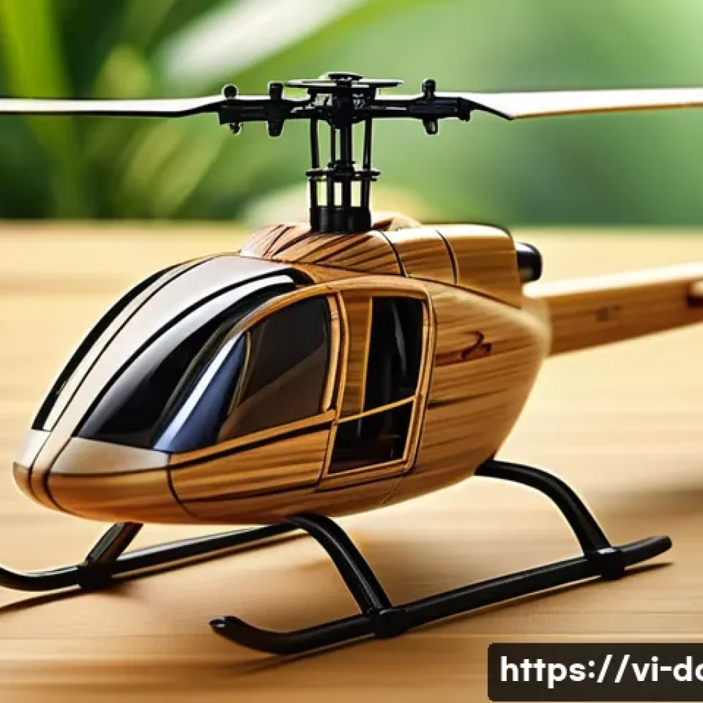 대나무 헬리콥터의 원리 - A close-up view of a handcrafted miniature bamboo helicopter with slender, slightly curved rotor bla...