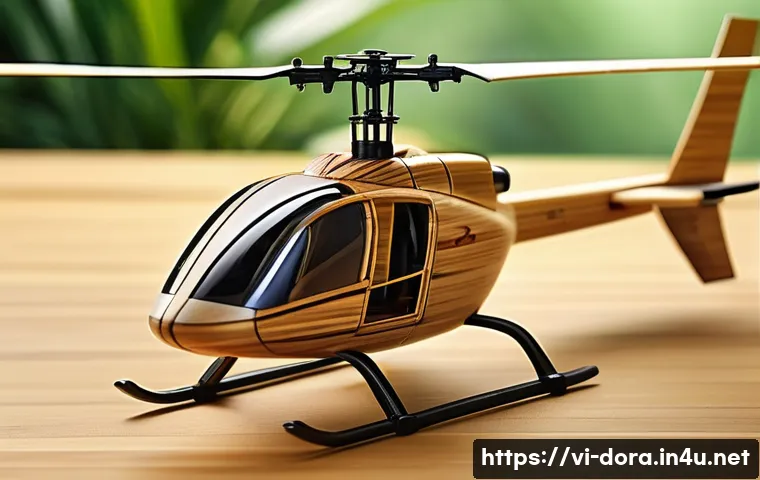 대나무 헬리콥터의 원리 - A close-up view of a handcrafted miniature bamboo helicopter with slender, slightly curved rotor bla...