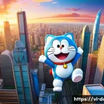 Home 20 도라에몽 영화 개봉 일정 - A vibrant and detailed scene of Doraemon and Nobita flying through a futuristic cityscape at sunset,...