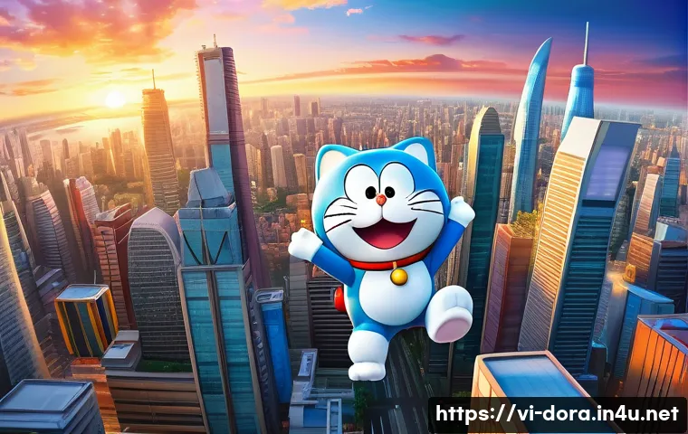 도라에몽 영화 개봉 일정 - A vibrant and detailed scene of Doraemon and Nobita flying through a futuristic cityscape at sunset,...