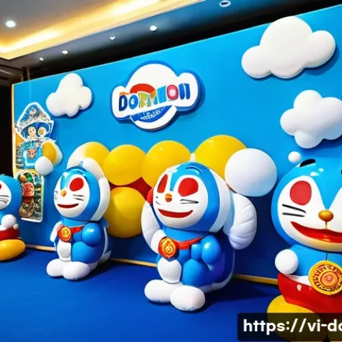 Home 31 도라에몽 50주년 기념 행사 - A vibrant celebration scene at a Doraemon anniversary event in Vietnam, featuring a large exhibition...