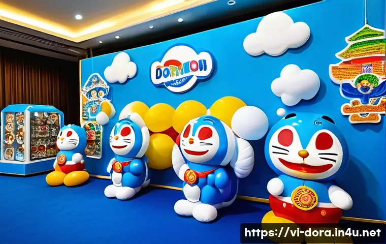 도라에몽 50주년 기념 행사 - A vibrant celebration scene at a Doraemon anniversary event in Vietnam, featuring a large exhibition...