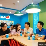 Home 18 도라에몽 팬덤 활동 - A lively indoor cafe scene in Hanoi filled with Vietnamese Doraemon fans warmly interacting during a...