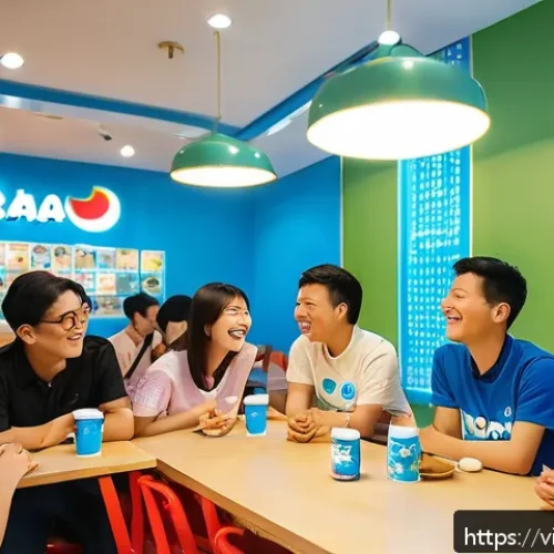 Home 30 도라에몽 팬덤 활동 - A lively indoor cafe scene in Hanoi filled with Vietnamese Doraemon fans warmly interacting during a...