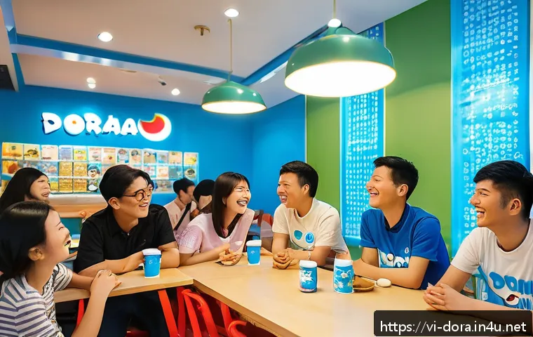 도라에몽 팬덤 활동 - A lively indoor cafe scene in Hanoi filled with Vietnamese Doraemon fans warmly interacting during a...