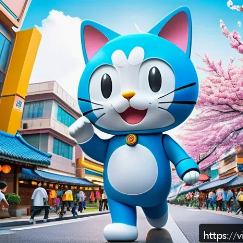 Home 17 도라에몽과 일본 애니메이션 역사 - A vibrant scene depicting a futuristic Japanese cityscape inspired by Doraemon’s world, with colorfu...