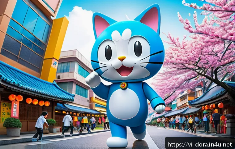 도라에몽과 일본 애니메이션 역사 - A vibrant scene depicting a futuristic Japanese cityscape inspired by Doraemon’s world, with colorfu...