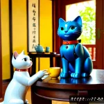 도라에몽의 가족관계 - Photorealistic cinematic scene of a round blue robotic cat with a red collar and small bell warmly r...