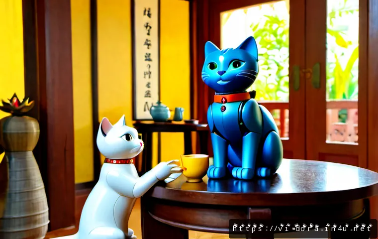 도라에몽의 가족관계 - Photorealistic cinematic scene of a round blue robotic cat with a red collar and small bell warmly r...
