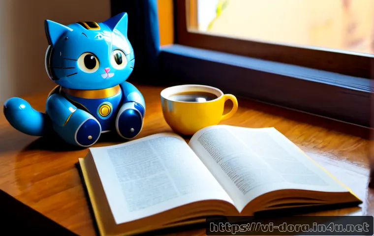 Home 17 도라에몽 팬북 리뷰 - Photorealistic editorial scene of an unbranded blue robotic cat fanbook resting open on a neat woode...