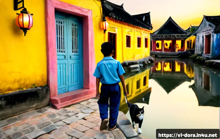 Home 17 도라에몽 주요 에피소드 - Photorealistic cinematic scene of a friendly round blue robotic cat and a Vietnamese schoolboy stepp...