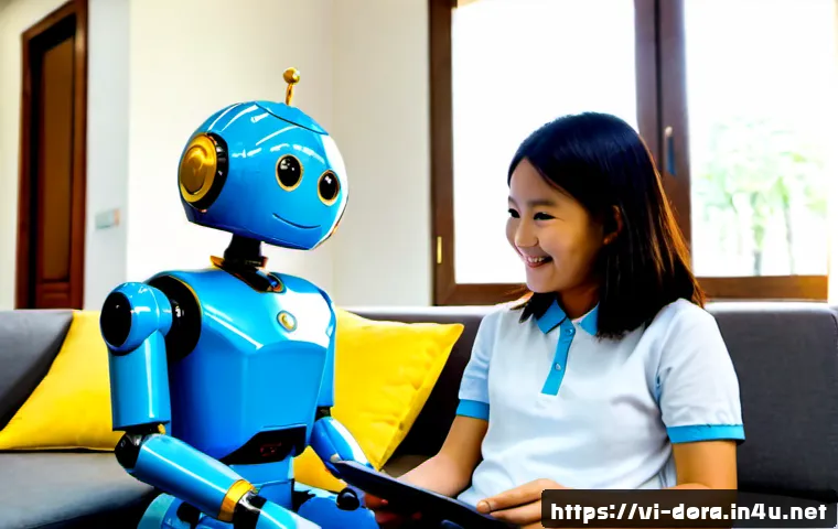 Home 17 도라에몽과 AI 기술의 유사성 - Photorealistic Vietnamese family living room, a cheerful blue rounded household robot with a small b...