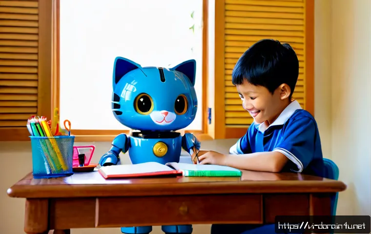 도라에몽 패러디 작품 - Photorealistic playful parody scene in a cozy Vietnamese family living room, an original round blue ...