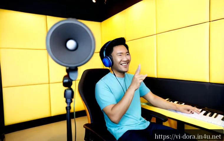 Home 17 도라에몽 성우진 소개 - Photorealistic Vietnamese voice actor in a modern recording studio, seated at a microphone with head...