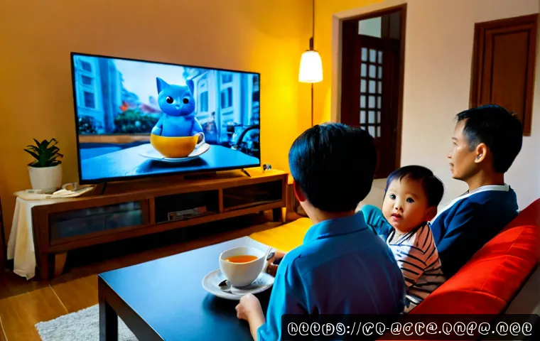 Home 17 도라에몽 유럽 방영 - Photorealistic Vietnamese family in a cozy Hanoi apartment watching a modern television showing a ge...
