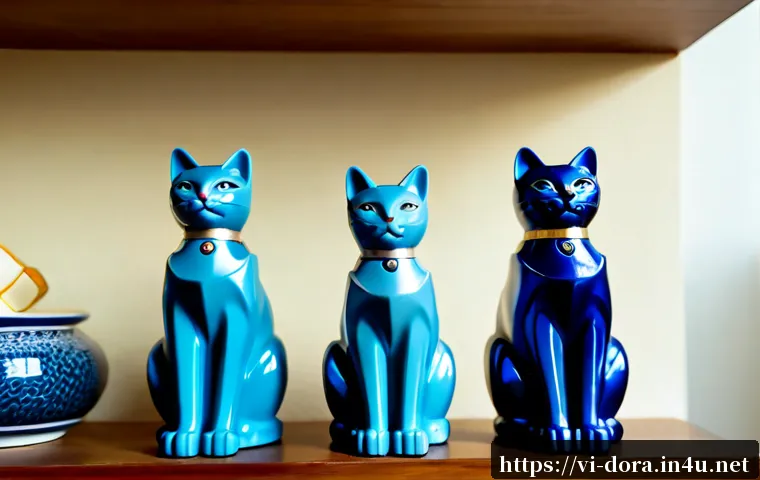 Home 17 도라에몽 시리즈 연대기 - Photorealistic tabletop scene showing a chronological collection of four generic blue robotic cat fi...